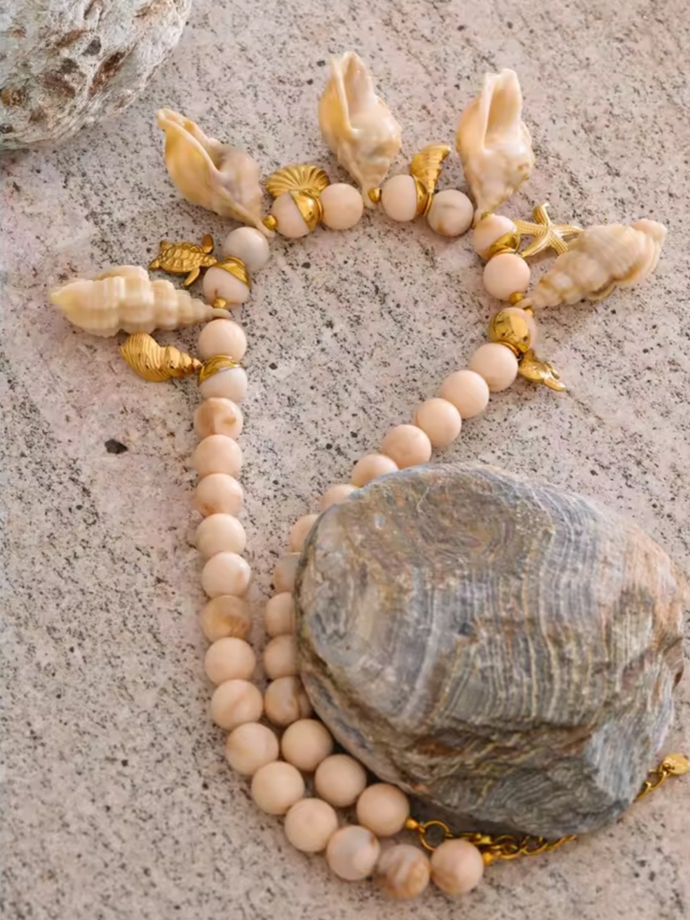 Couture Gold Cream Shell Charm Beaded Necklace - Picture 5 of 11